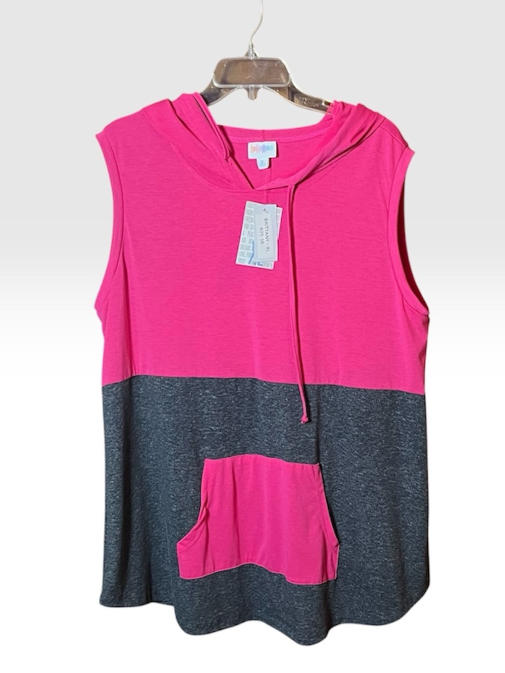 LuLaRoe Sleeveless Hooded Colorblock Top - Pink & Charcoal size XL